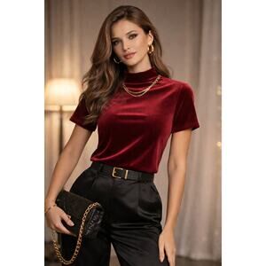 California Concept VTG 90 US Made Red M velvet High Neck Party short sleeve Top